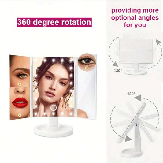 HOODINK Makeup Mirror, Tri-Fold Lighted Adjustable Vanity Makeup Mirror With 21 LED Lights, Touch Screen And 10X/3X/2X/1X Magnification, Two Power Supply Modes Make Up Mirror, 360° Rotation