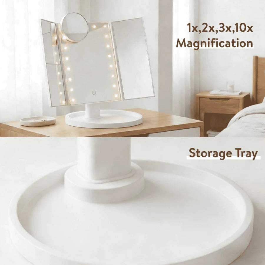 HOODINK Makeup Mirror, Tri-Fold Lighted Adjustable Vanity Makeup Mirror With 21 LED Lights, Touch Screen And 10X/3X/2X/1X Magnification, Two Power Supply Modes Make Up Mirror, 360° Rotation