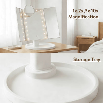 HOODINK Makeup Mirror, Tri-Fold Lighted Adjustable Vanity Makeup Mirror With 21 LED Lights, Touch Screen And 10X/3X/2X/1X Magnification, Two Power Supply Modes Make Up Mirror, 360° Rotation