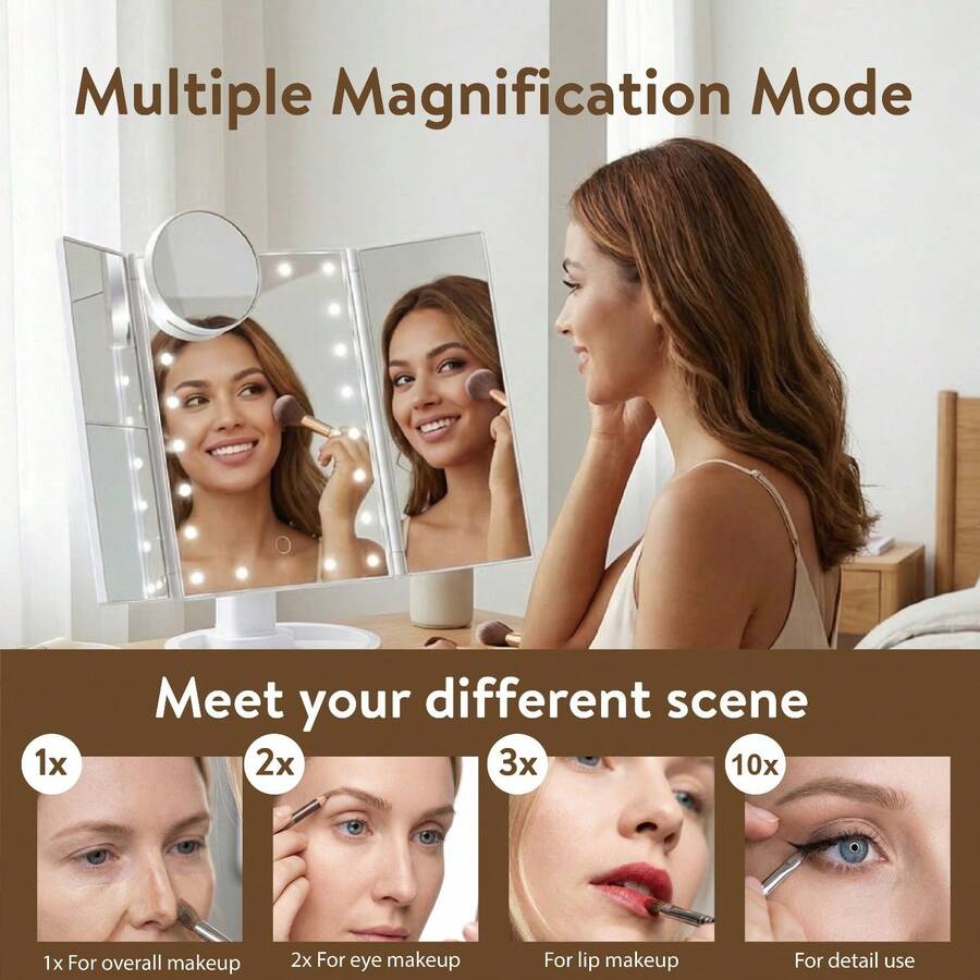HOODINK Makeup Mirror, Tri-Fold Lighted Adjustable Vanity Makeup Mirror With 21 LED Lights, Touch Screen And 10X/3X/2X/1X Magnification, Two Power Supply Modes Make Up Mirror, 360° Rotation
