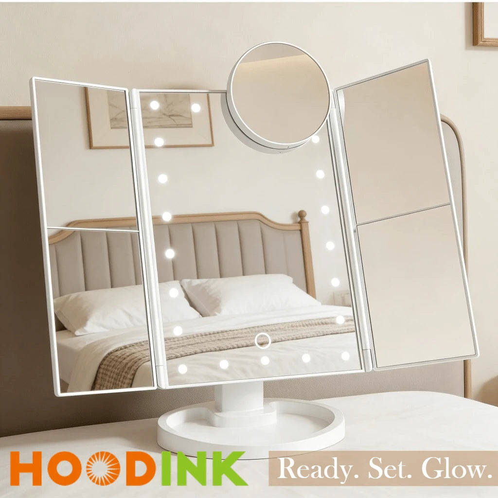 HOODINK Makeup Mirror, Tri-Fold Lighted Adjustable Vanity Makeup Mirror With 21 LED Lights, Touch Screen And 10X/3X/2X/1X Magnification, Two Power Supply Modes Make Up Mirror, 360° Rotation