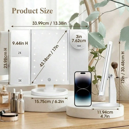 HOODINK Makeup Mirror, Tri-Fold Lighted Adjustable Vanity Makeup Mirror With 21 LED Lights, Touch Screen And 10X/3X/2X/1X Magnification, Two Power Supply Modes Make Up Mirror, 360° Rotation