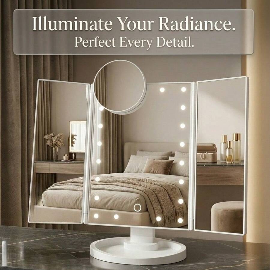 HOODINK Makeup Mirror, Tri-Fold Lighted Adjustable Vanity Makeup Mirror With 21 LED Lights, Touch Screen And 10X/3X/2X/1X Magnification, Two Power Supply Modes Make Up Mirror, 360° Rotation
