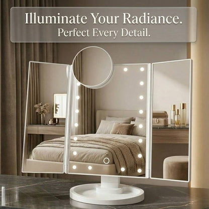 HOODINK Makeup Mirror, Tri-Fold Lighted Adjustable Vanity Makeup Mirror With 21 LED Lights, Touch Screen And 10X/3X/2X/1X Magnification, Two Power Supply Modes Make Up Mirror, 360° Rotation