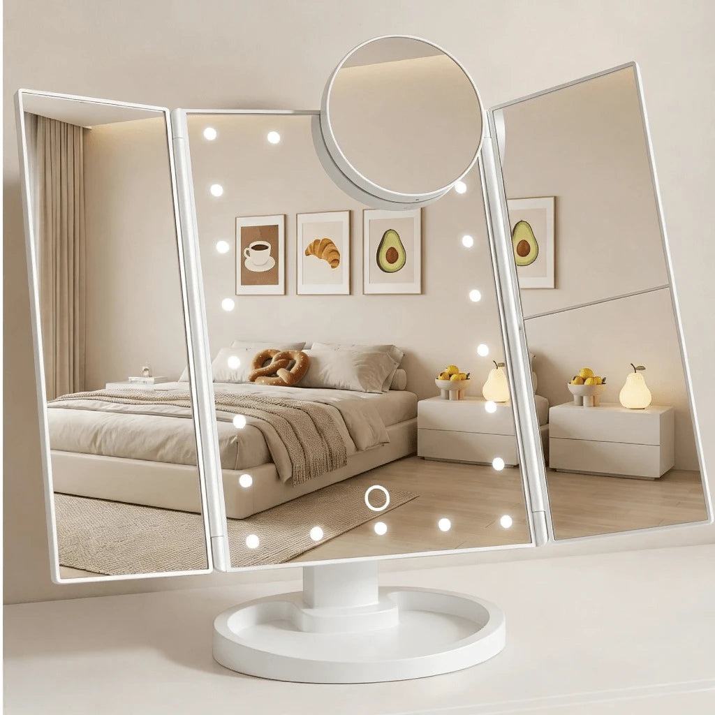 HOODINK Makeup Mirror, Tri-Fold Lighted Adjustable Vanity Makeup Mirror With 21 LED Lights, Touch Screen And 10X/3X/2X/1X Magnification, Two Power Supply Modes Make Up Mirror, 360° Rotation