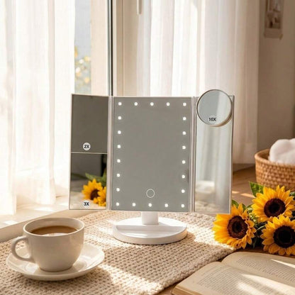 HOODINK Makeup Mirror, Tri-Fold Lighted Adjustable Vanity Makeup Mirror With 21 LED Lights, Touch Screen And 10X/3X/2X/1X Magnification, Two Power Supply Modes Make Up Mirror, 360° Rotation