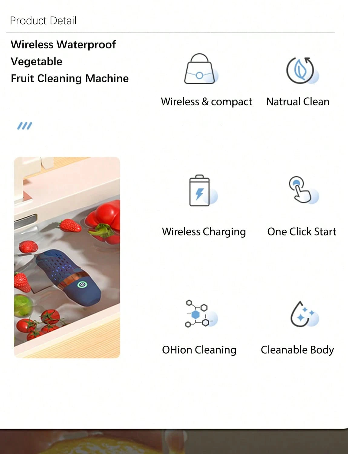 Portable Fruit And Vegetable Cleaner, IPX7, Waterproof, Portable Fruit Purifier Wireless 3000mAh Rechargeable For Fruit And Seafood, Rice, Meat