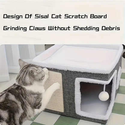 A Cat Bed Suitable For Indoor Cats, With A Large Cat Hole For A Comfortable Apartment, Fluffy Hanging Balls, Round Windows, A Foldable Indoor Cat House, Capable Of Bearing Up To 30 Pounds , With Double-Sided Soft Cushions, Suitable For All Seasons Home