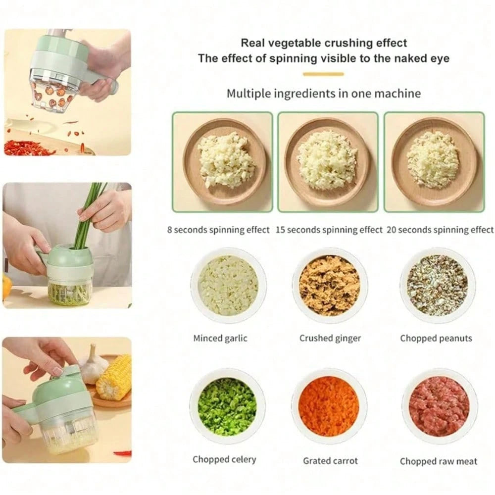 4 In 1 Handheld Electric Vegetable Cutter Set, Multifunctional Mini Electric Grinder Garlic Mud Masher Chopper, Portable Food Processor With Brush, For Garlic Chili Onion Ginger Celery Meat