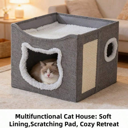 A Cat Bed Suitable For Indoor Cats, With A Large Cat Hole For A Comfortable Apartment, Fluffy Hanging Balls, Round Windows, A Foldable Indoor Cat House, Capable Of Bearing Up To 30 Pounds , With Double-Sided Soft Cushions, Suitable For All Seasons Home
