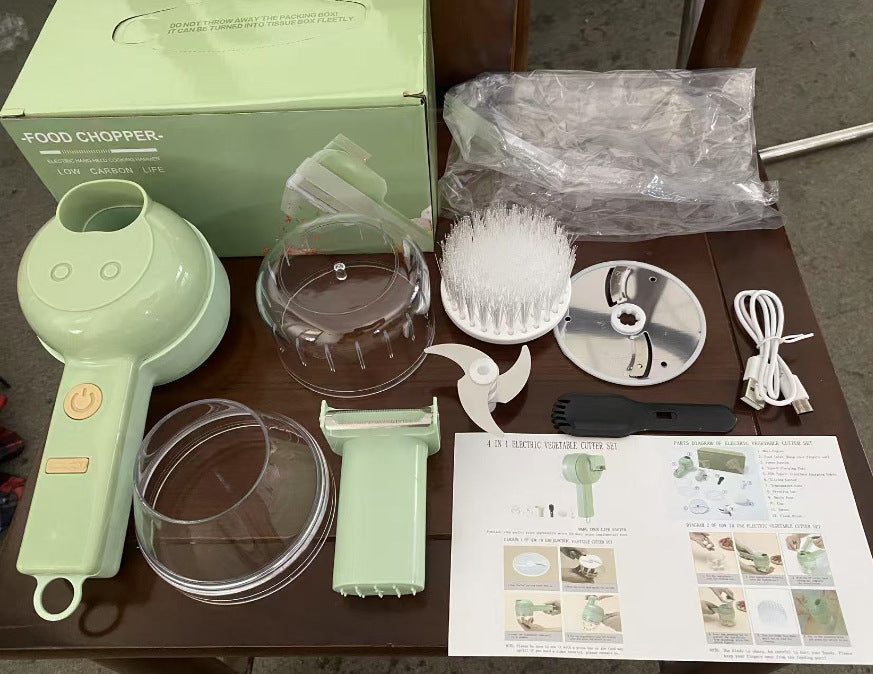 4 In 1 Handheld Electric Vegetable Cutter Set, Multifunctional Mini Electric Grinder Garlic Mud Masher Chopper, Portable Food Processor With Brush, For Garlic Chili Onion Ginger Celery Meat