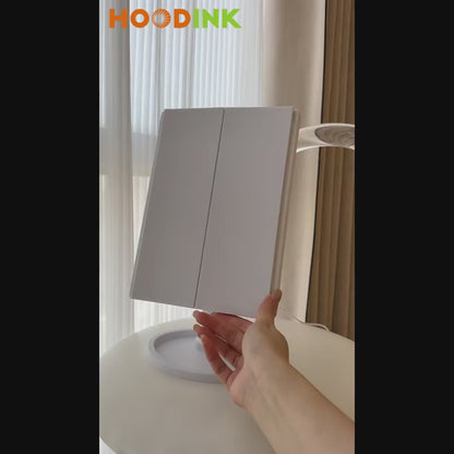 HOODINK Makeup Mirror, Tri-Fold Lighted Adjustable Vanity Makeup Mirror With 21 LED Lights, Touch Screen And 10X/3X/2X/1X Magnification, Two Power Supply Modes Make Up Mirror, 360° Rotation