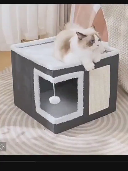 A Cat Bed Suitable For Indoor Cats, With A Large Cat Hole For A Comfortable Apartment, Fluffy Hanging Balls, Round Windows, A Foldable Indoor Cat House, Capable Of Bearing Up To 30 Pounds , With Double-Sided Soft Cushions, Suitable For All Seasons Home